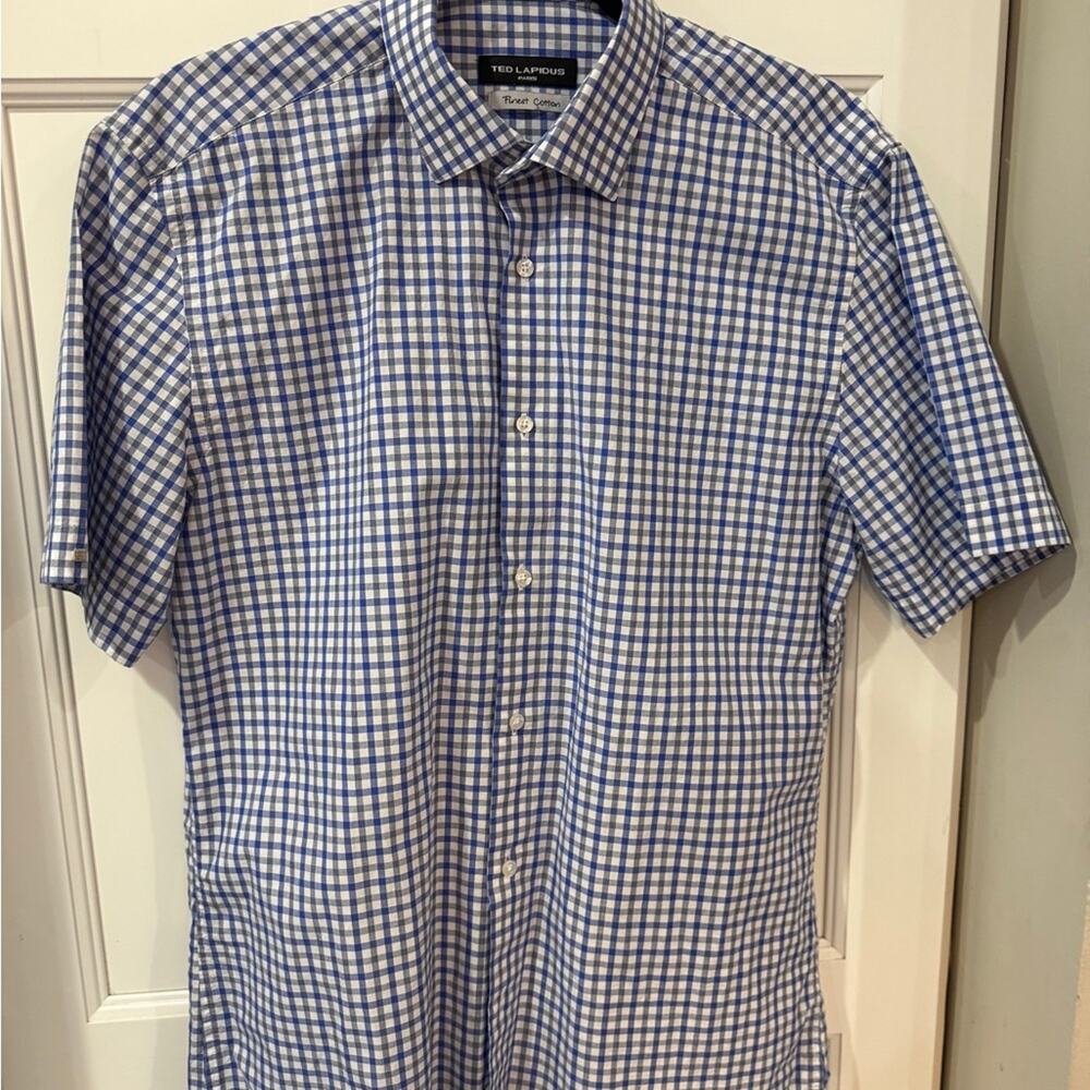 Ted Lapidus Paris Men's Blue and White Checkered Shirt Size M